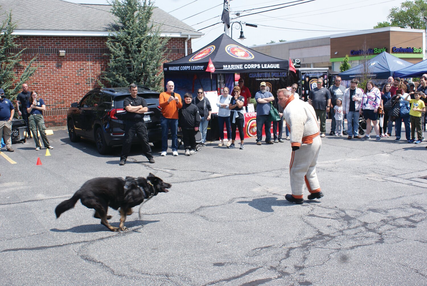 DOG DAY OUT: Zuess the canine demonstrated his amazing training by attacking Officer Shane O’Donnell on command.